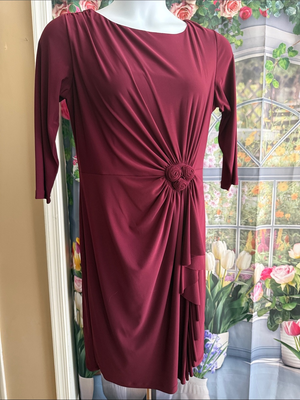 Ronni Nicole Burgundy Asymmetrical Draped Dress with Rosette